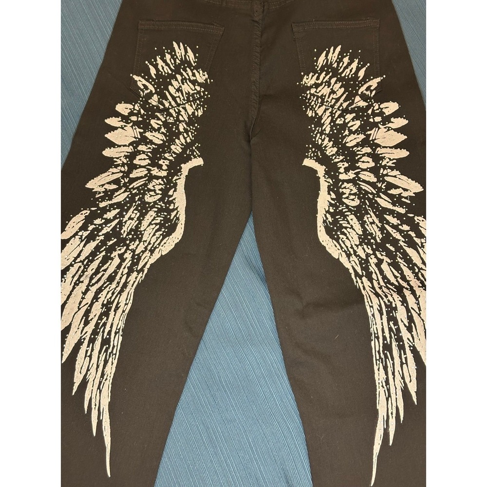 Bamboo Wide Leg Angel Wing Graphic Jeans Black Size 13 R/A2292 NWT - Picture 1 of 11